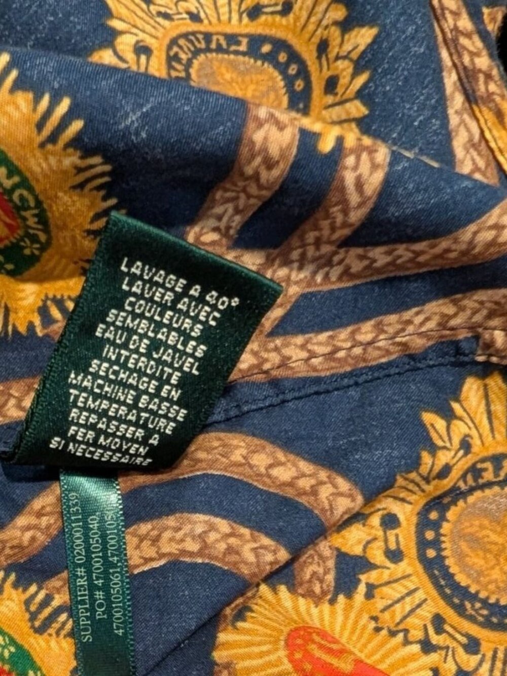 Lauren Ralph Lauren Navy Blue Button-Up Blouse Gold Chain Emblem Print Womens XL - Picture 7 of 14